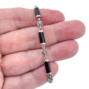 Marcasite & Onyx Link Bracelet | Art Deco Vintage Sterling Silver 925 | 7"